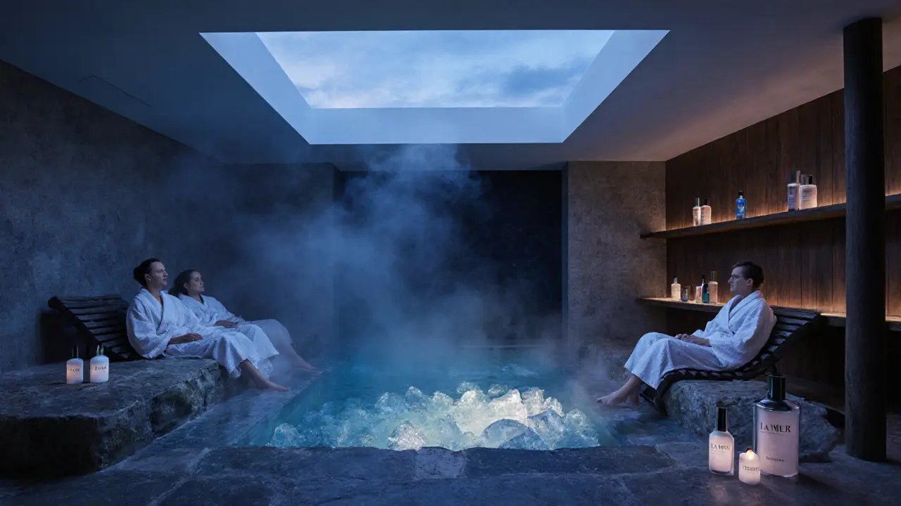 Luxury spa sanctuary with steam, salt room, and cold plunge pool at dusk.