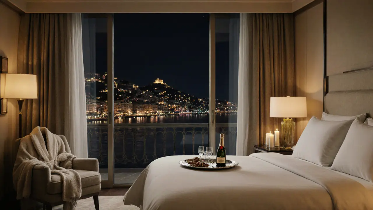 Luxury suite at night with panoramic city views, a silver tray of champagne and almonds on a side table.