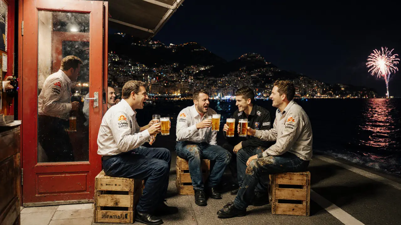 Mechanics and marshals singing together after the Grand Prix, champagne in plastic cups, stars above and sea in the background.