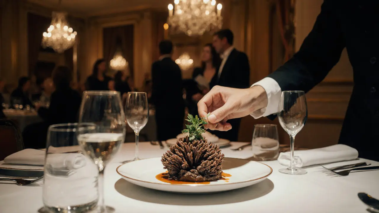 Michelin-starred dessert at Le Louis XV resembling a coral reef, served with fine china and wine.