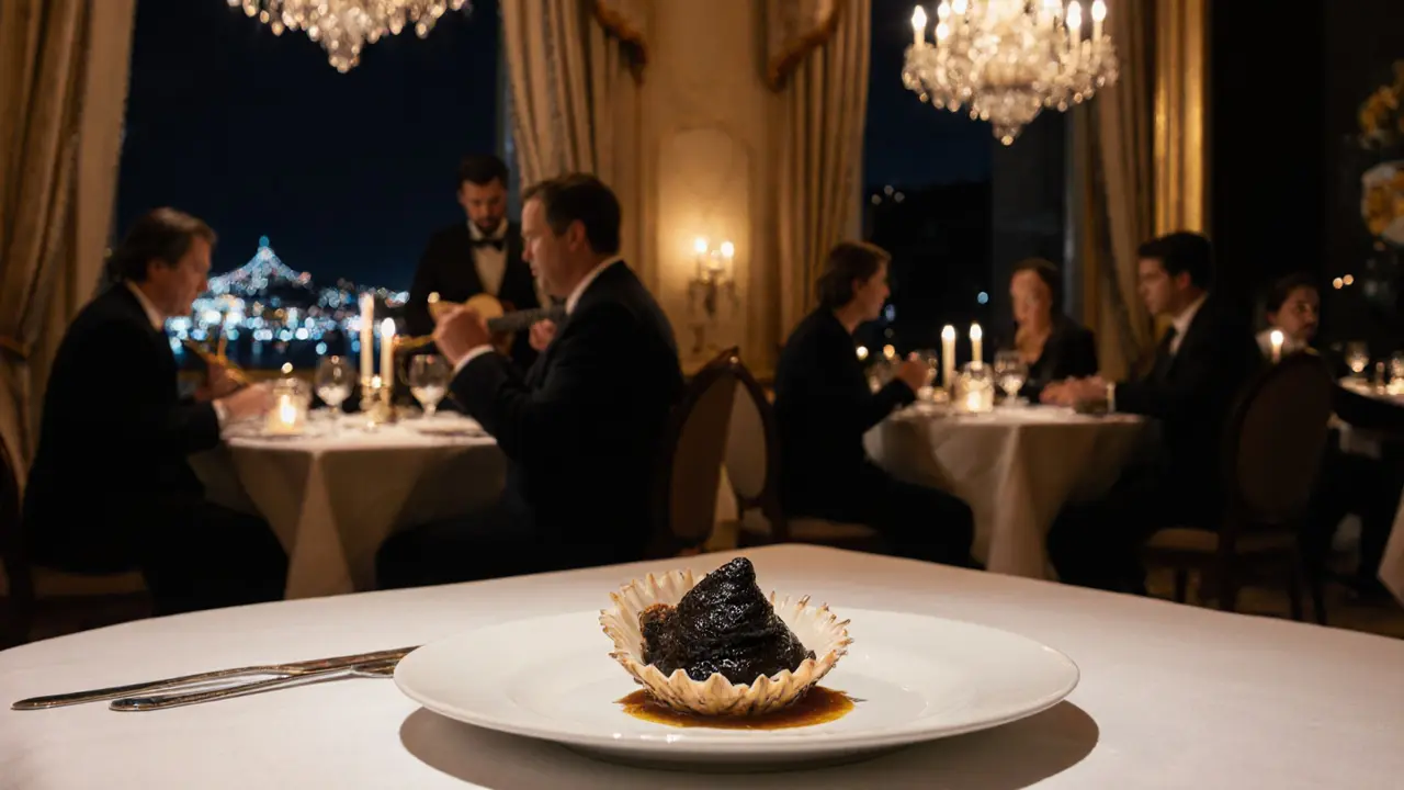 Michelin-starred dish of sea urchin with truffle foam under candlelight in a quiet dining room.
