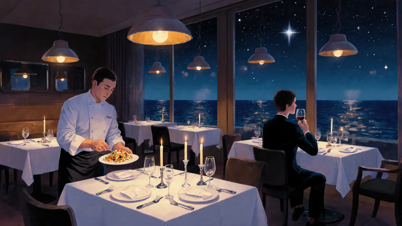 Michelin-starred La Vague d’Or restaurant with chef plating sea urchin risotto.