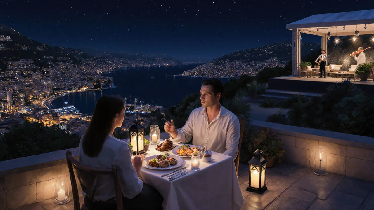 Midnight rooftop picnic with gourmet food, candlelight, and chocolate Grand Prix dessert under string lights.