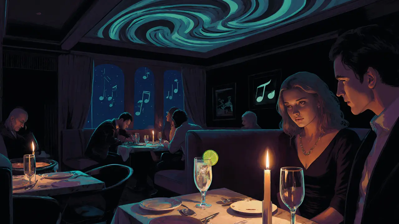 Nighttime bar scene at Cafe de Paris with jazz music, glowing cocktails, and mirrored walls reflecting laughter.