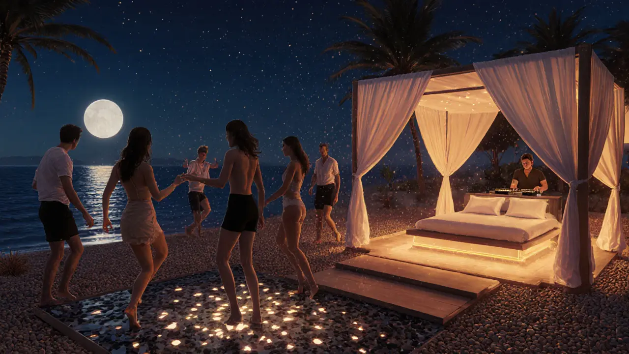 Nighttime dance floor at Nikki Beach Monaco under string lights, patrons swaying to music by the sea.