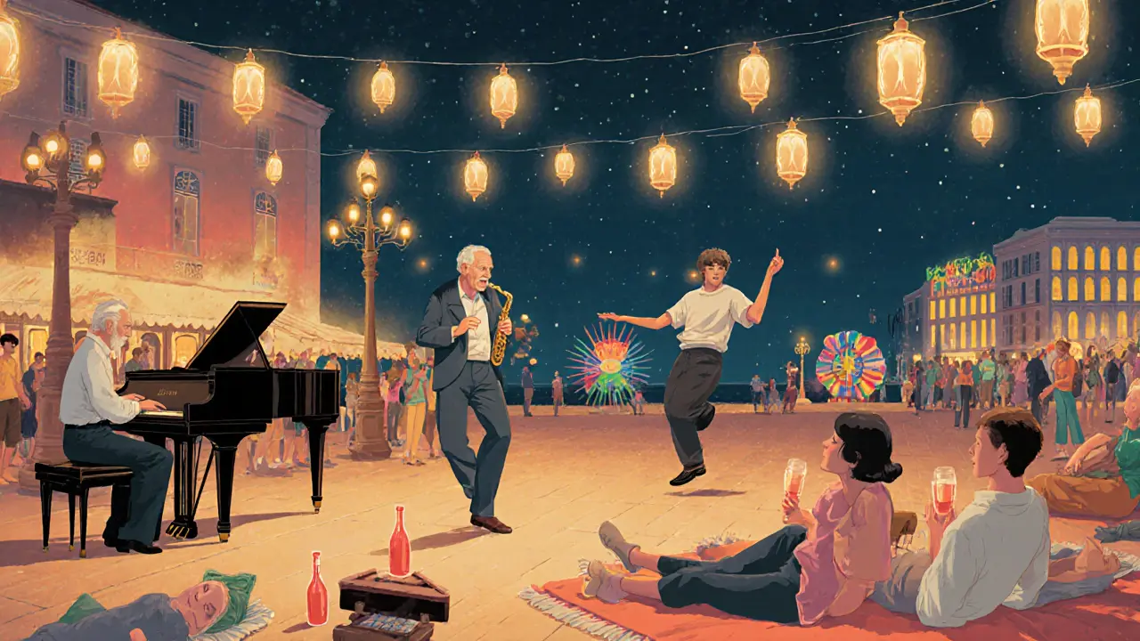 Nighttime scene at Place du Casino with jazz pianist, dancers, and crowds enjoying rosé under string lights.