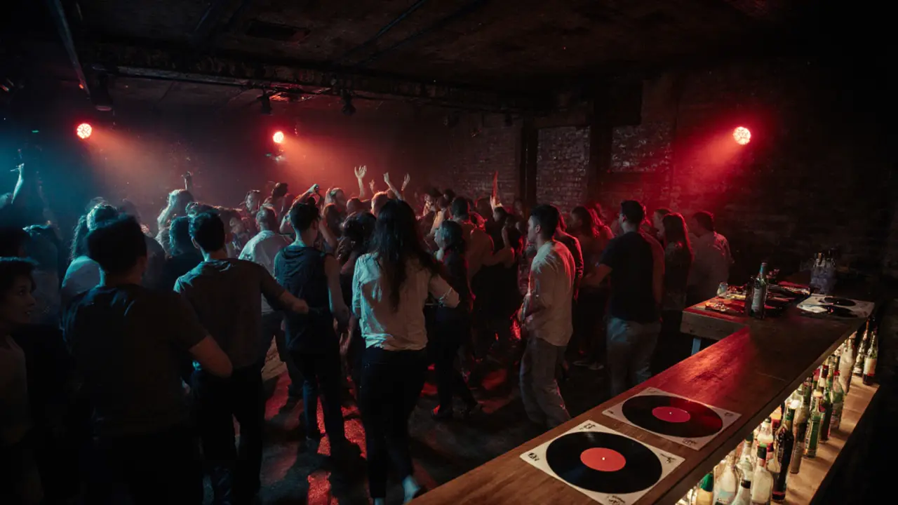 Packed dance floor inside La Rascasse with people moving to techno under strobe lights and exposed brick walls.