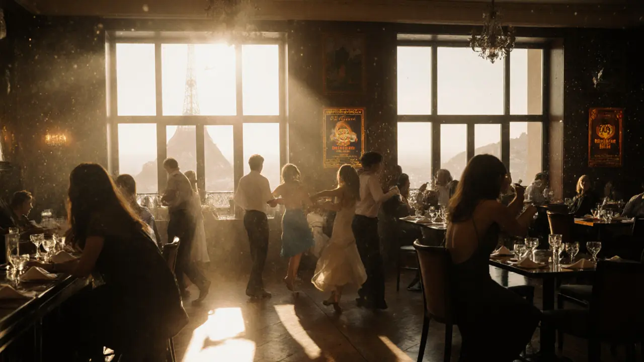 Quiet 4 a.m. scene at Cafe de Paris with fading lights, last dancers swaying, bartender cleaning bar as morning light enters.