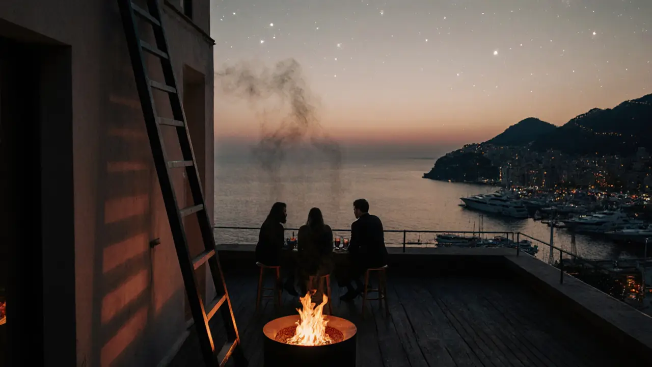 Quiet rooftop Le Perchoir at sunrise, with fire pit, silhouettes, and Mediterranean sea in the distance.