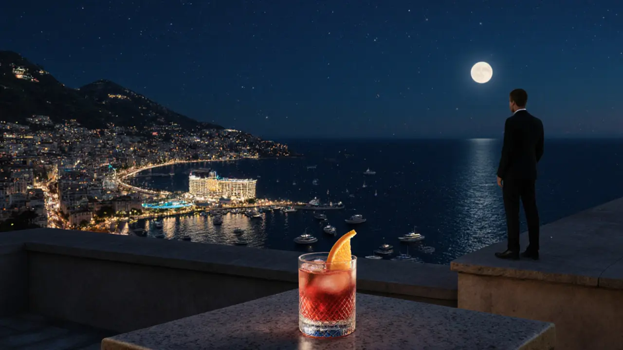 Rooftop terrace at night with city lights below and moon rising over the Mediterranean horizon.