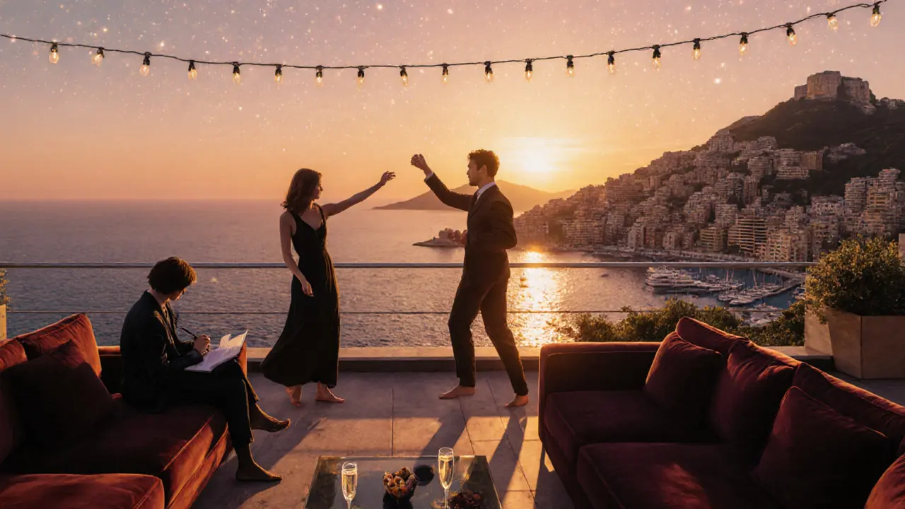 Rooftop terrace at sunset with couple dancing barefoot, Mediterranean glow, and Monte Carlo skyline sparkling.