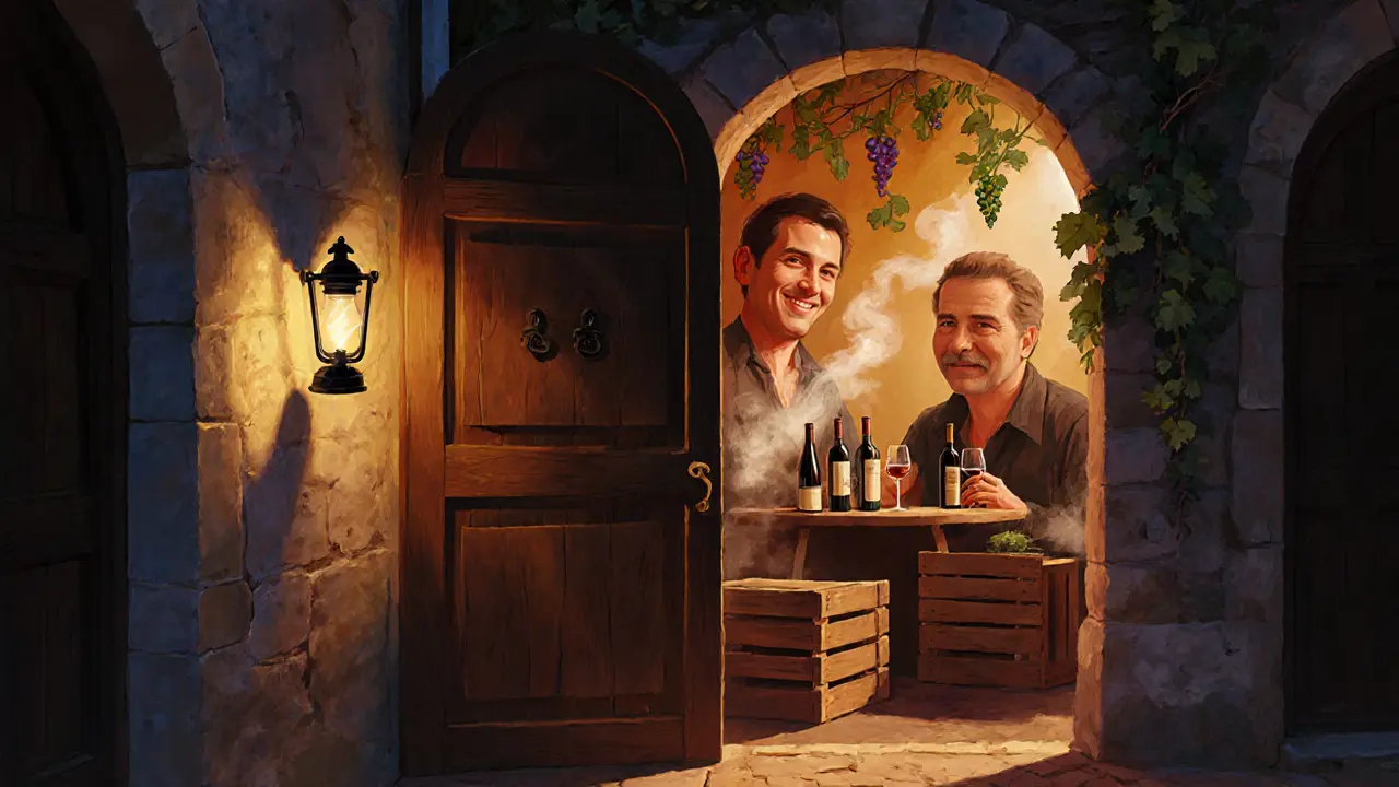 Secret wine tasting door in a dark alley, lit by a single lantern with warm glow spilling from inside.