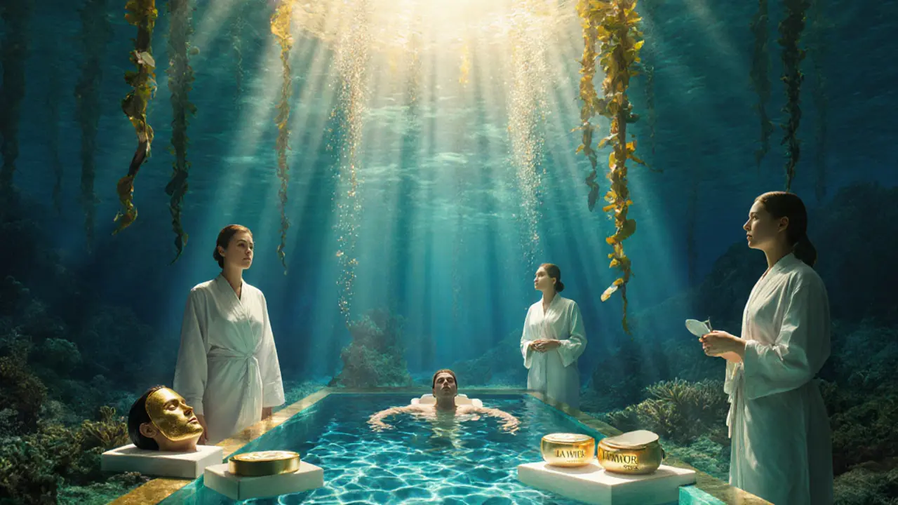 Serene spa sanctuary with golden light, hydrotherapy pool, and silent attendants in flowing robes.
