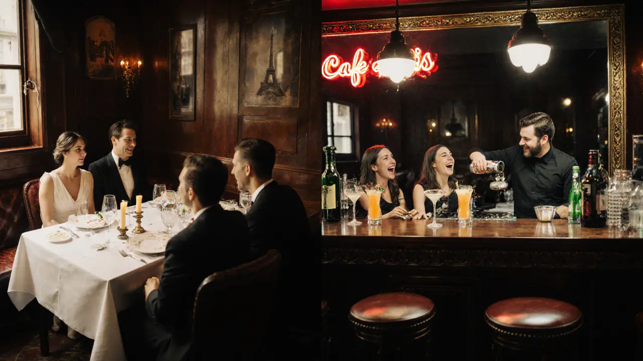 Split scene showing Cafe de Paris transforming from formal dinner to lively late-night lounge.
