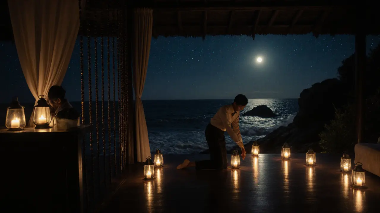 The empty lounge at 2 AM as the last lanterns fade, waves whispering outside under a starry sky.