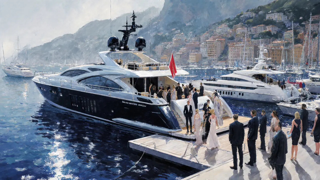 Top models at the Monaco Yacht Show on a luxury yacht deck, harbor lights reflecting, elegant evening attire.
