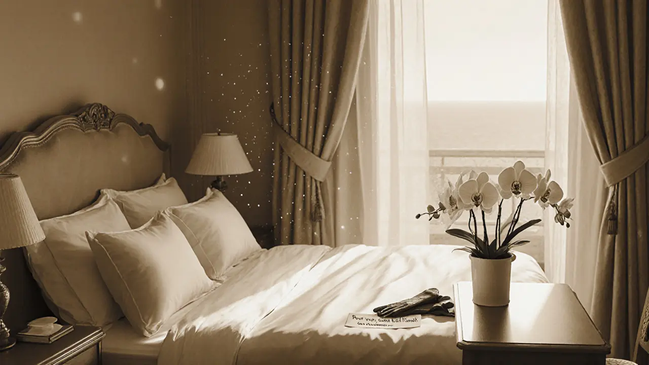 Unoccupied royal suite at dawn with perfectly made bed, orchids, and a handwritten note on the dresser.