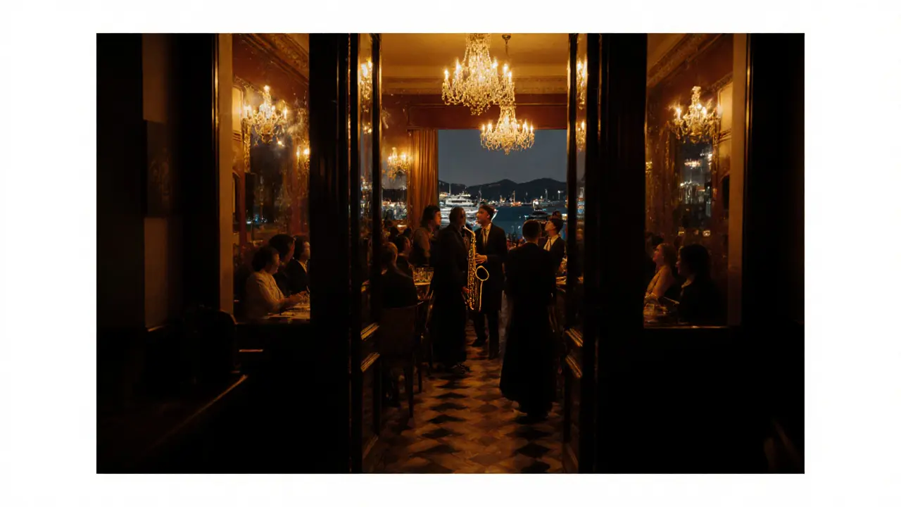 View from outside Cafe de Paris Monaco at night, glowing interior revealing elegant patrons and live music.