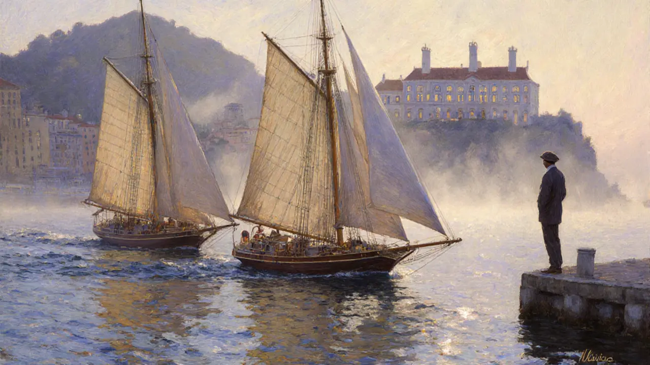 Vintage wooden yachts sailing at dawn during the Monaco Classic Yacht Regatta, mist rising over the harbor.