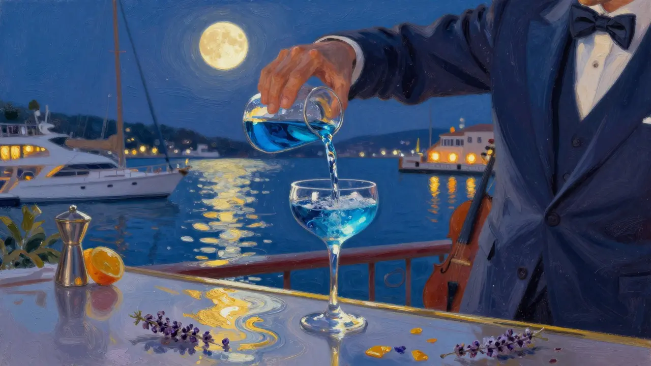 A bartender pouring blue gin at a Monaco terrace, yachts glowing in the background under twilight skies.
