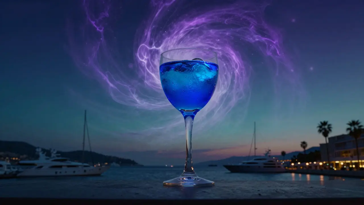 A blue gin glass floating above Monaco’s waterfront, its color transforming the night sky into a celestial nebula.