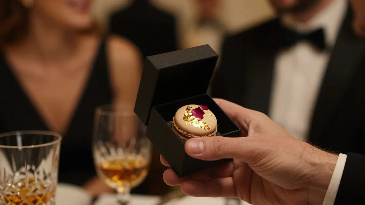 A hand opening a small black box revealing a single ornate macaron with gold leaf and rose petals.