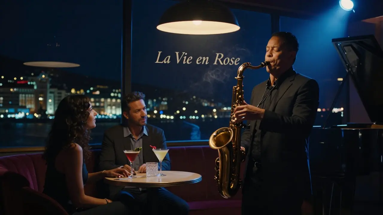 A jazz musician plays saxophone in a dimly lit club, a couple at a table nearby bathed in warm, moody light.