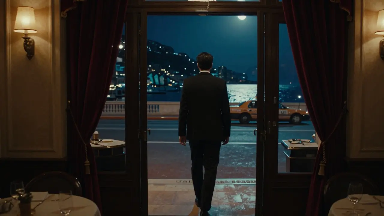 A lone figure exiting a luxury nightclub at night, Monaco harbor glowing softly in the distance.