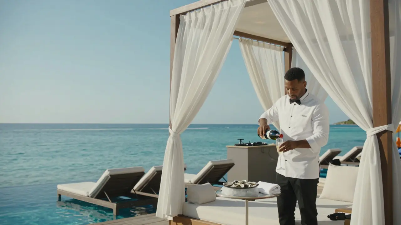 A luxurious beach club cabana with a sommelier serving Champagne and a floating swim platform under clear blue skies.