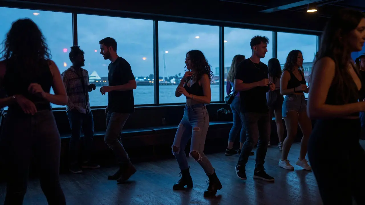A model dancing at Blue Bay nightclub, lights reflecting off harbor windows as people move around her.