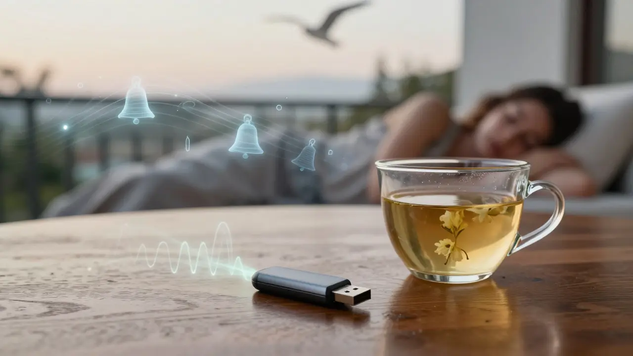 A numbered USB drive emits glowing sound waves beside jasmine tea, with dawn light and silent terrace in background.