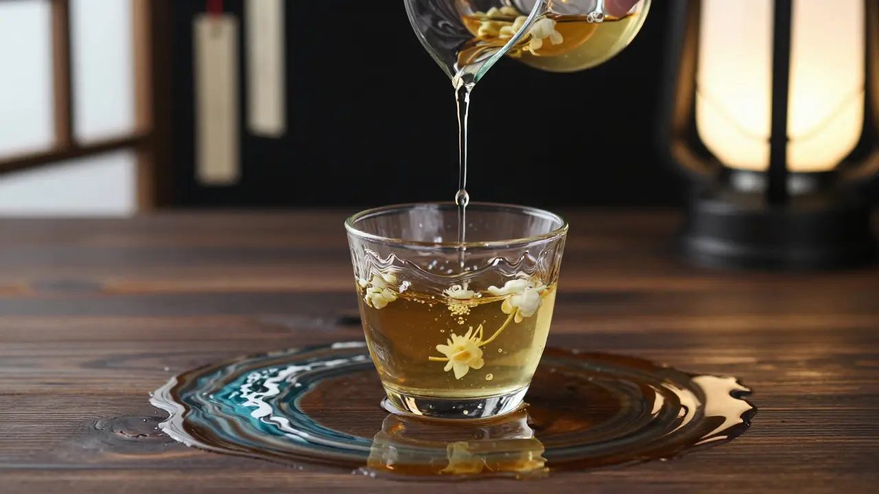 A single drop of jasmine tea falls, its ripples transforming into visualized sounds of drums, chimes, and ocean waves.