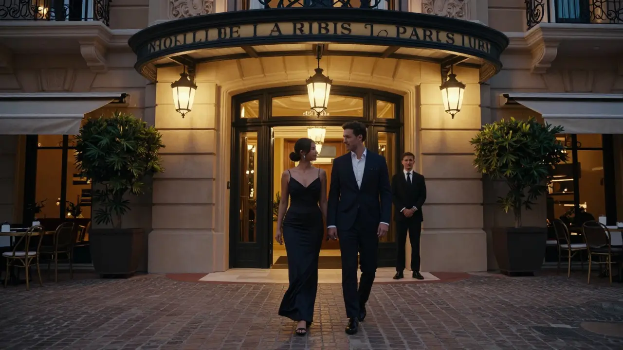 A well-dressed couple is welcomed at the entrance of Cafe de Paris Monaco with quiet elegance and no fanfare.
