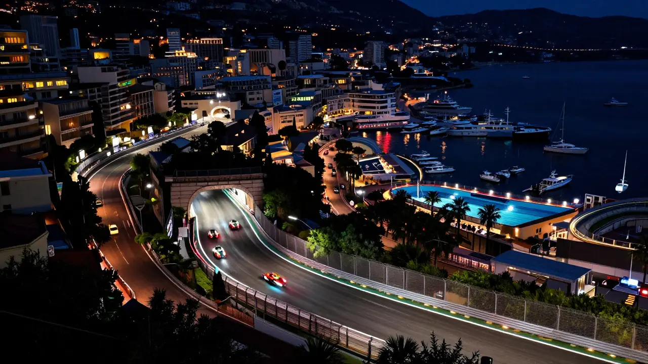 Aerial view of the Monaco Grand Prix circuit at night, cars winding through tight turns under glowing lights.
