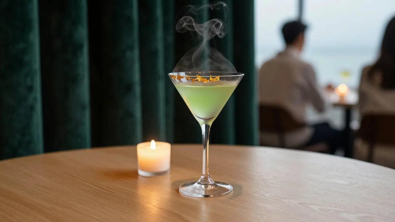 An elegant cocktail with gold leaf on the rim, steam rising beside a flickering candle in a serene bar setting.