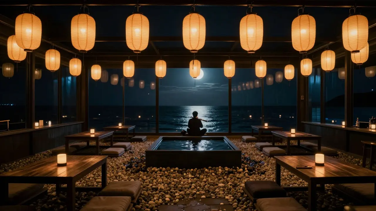 An empty Buddha Bar at night, lanterns glowing softly as a lone figure sits gazing at the sea.