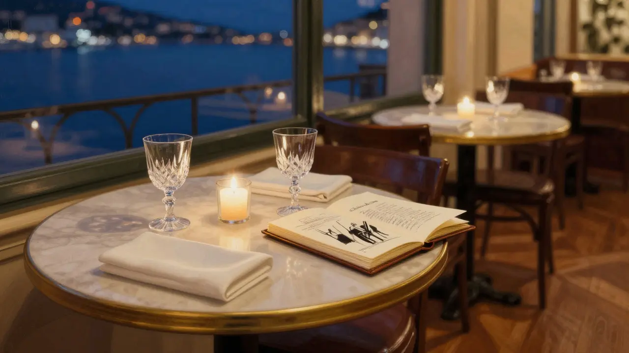 An empty table at Cafe de Paris Monaco after closing, with a sketchbook and flickering candle in the still night.