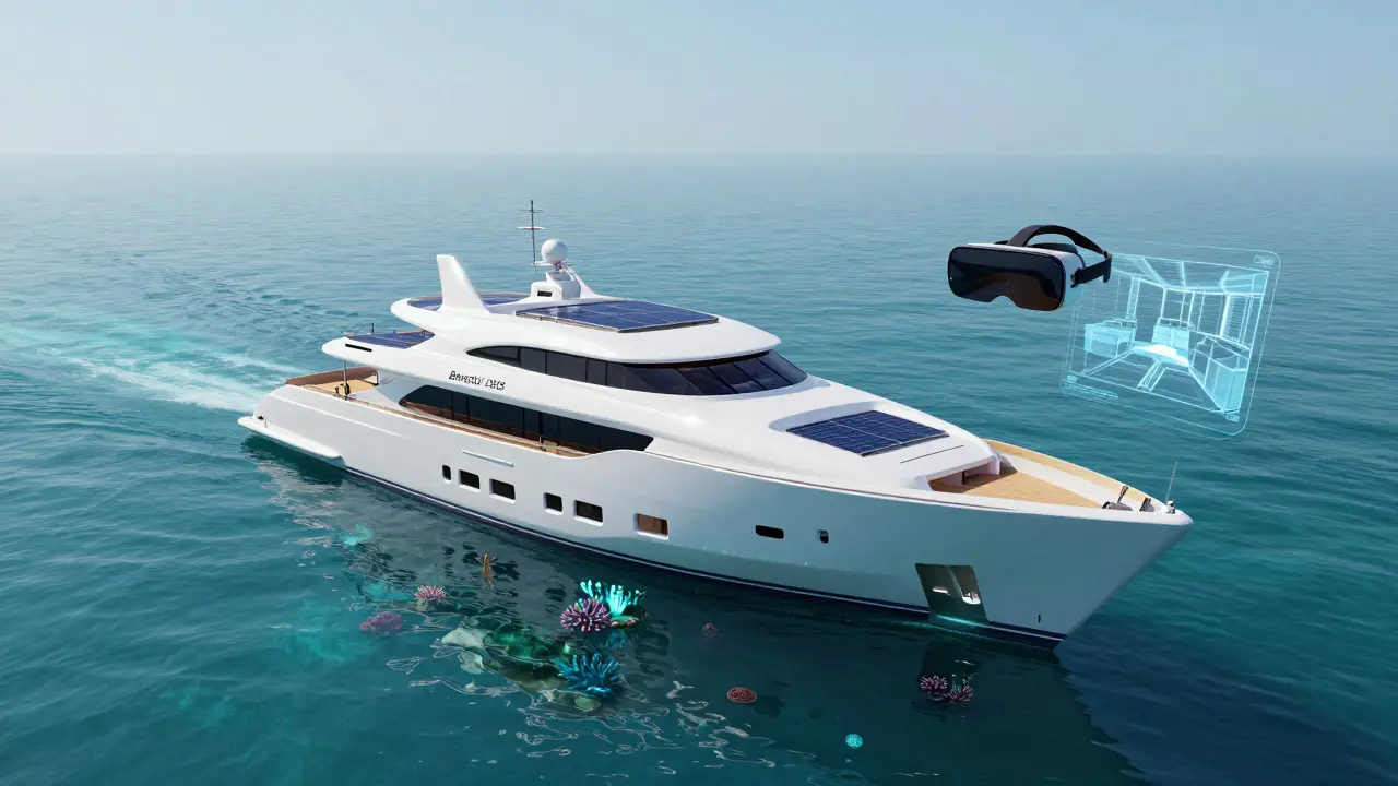 Carbon-neutral superyacht with solar sails and living coral hull, gliding through clear ocean waters.