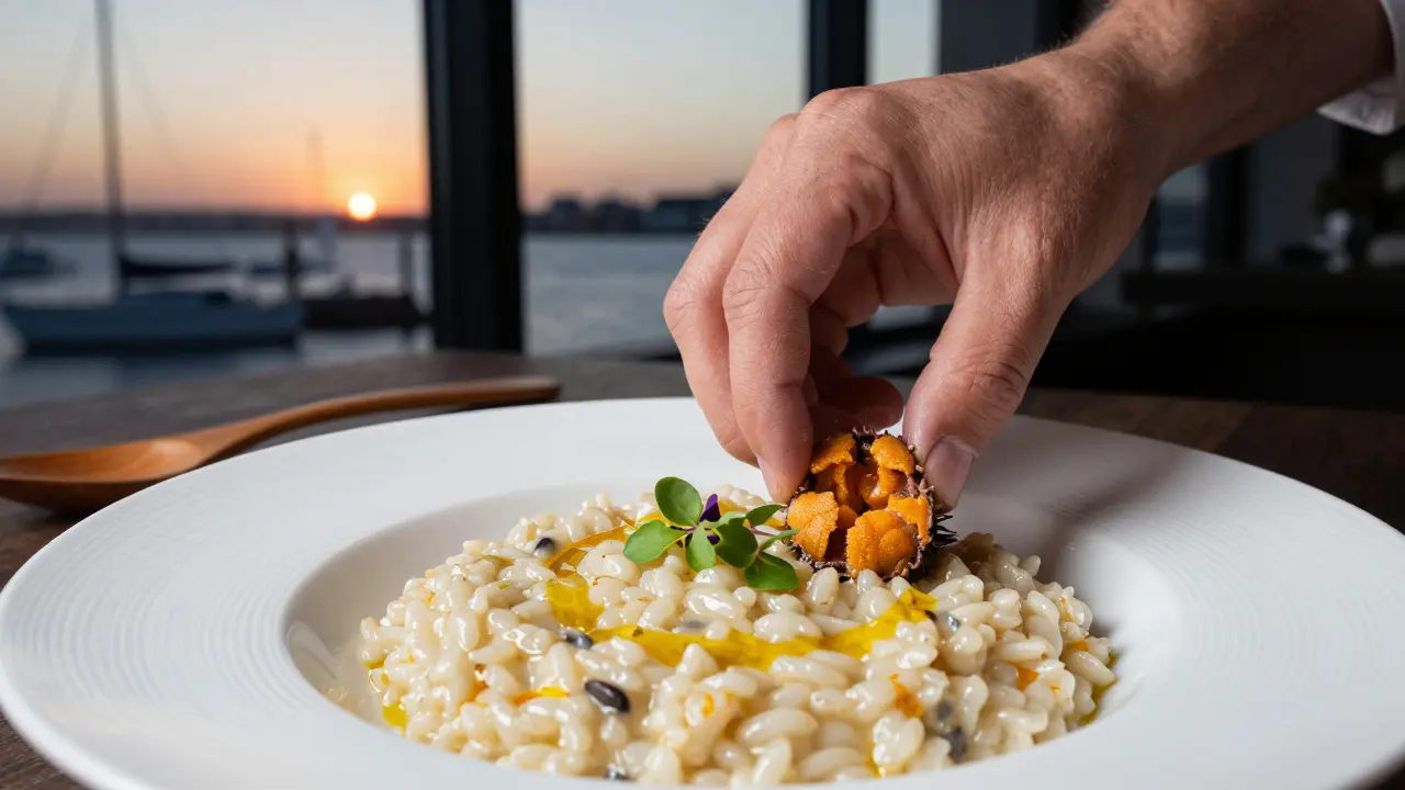 Close-up of sea urchin risotto on porcelain plate with saffron oil drizzle and microgreens, harbor glowing in background.