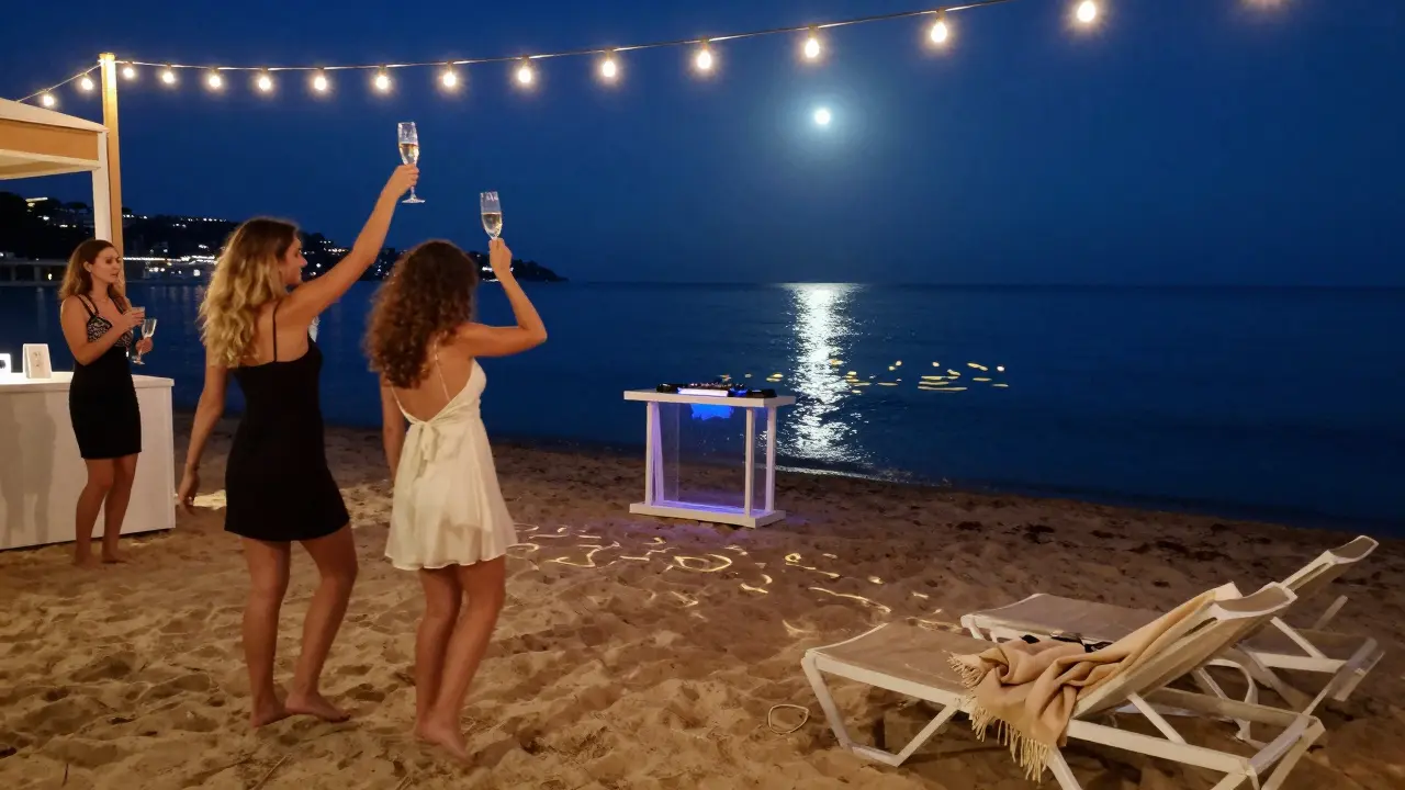 Couples dancing barefoot on sand under string lights at Nikki Beach Monaco at night.