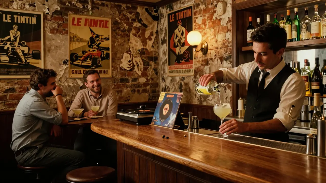 Cozy bar interior with vintage F1 posters, bartender pouring a cocktail under soft lighting.