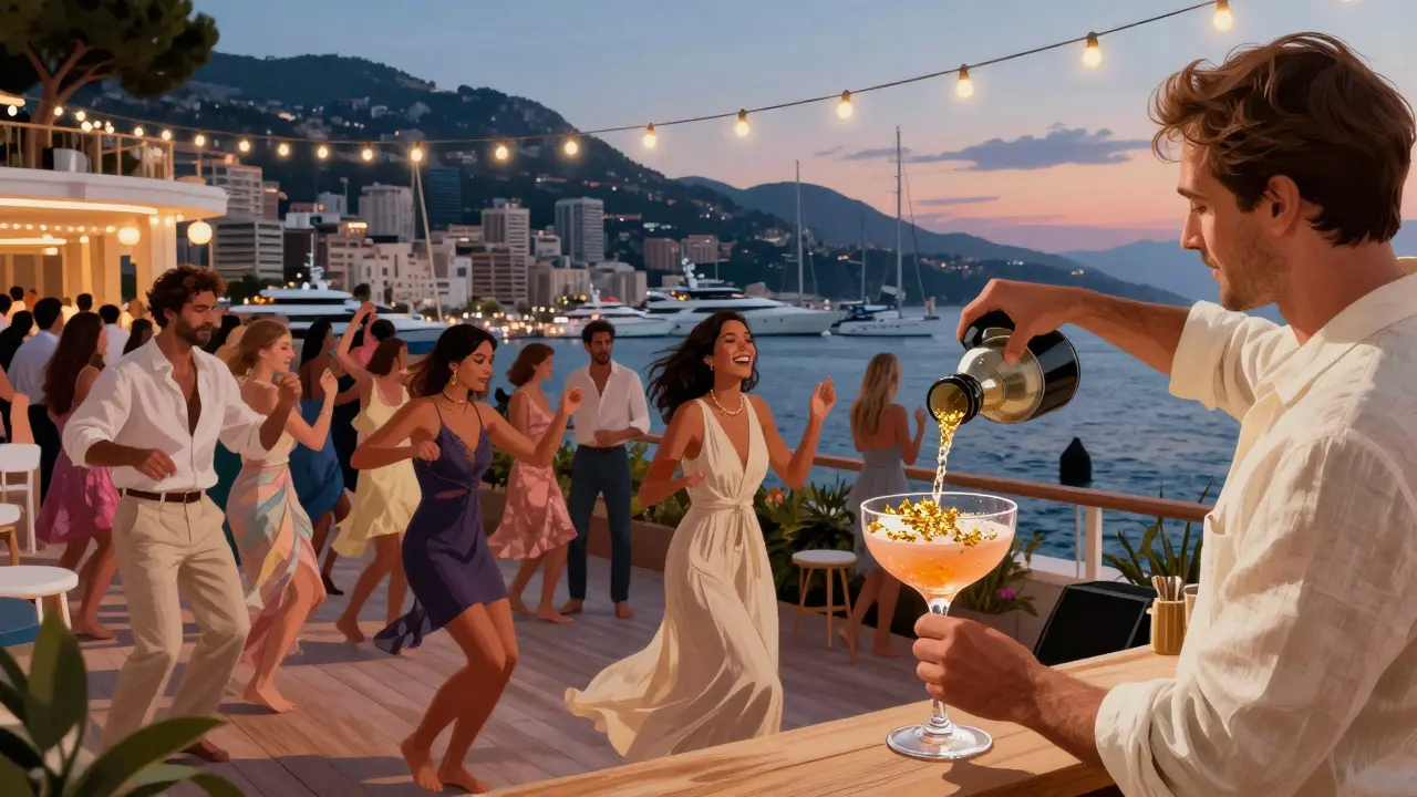 Crowd dancing at dusk under string lights with cocktails and yachts on the horizon.