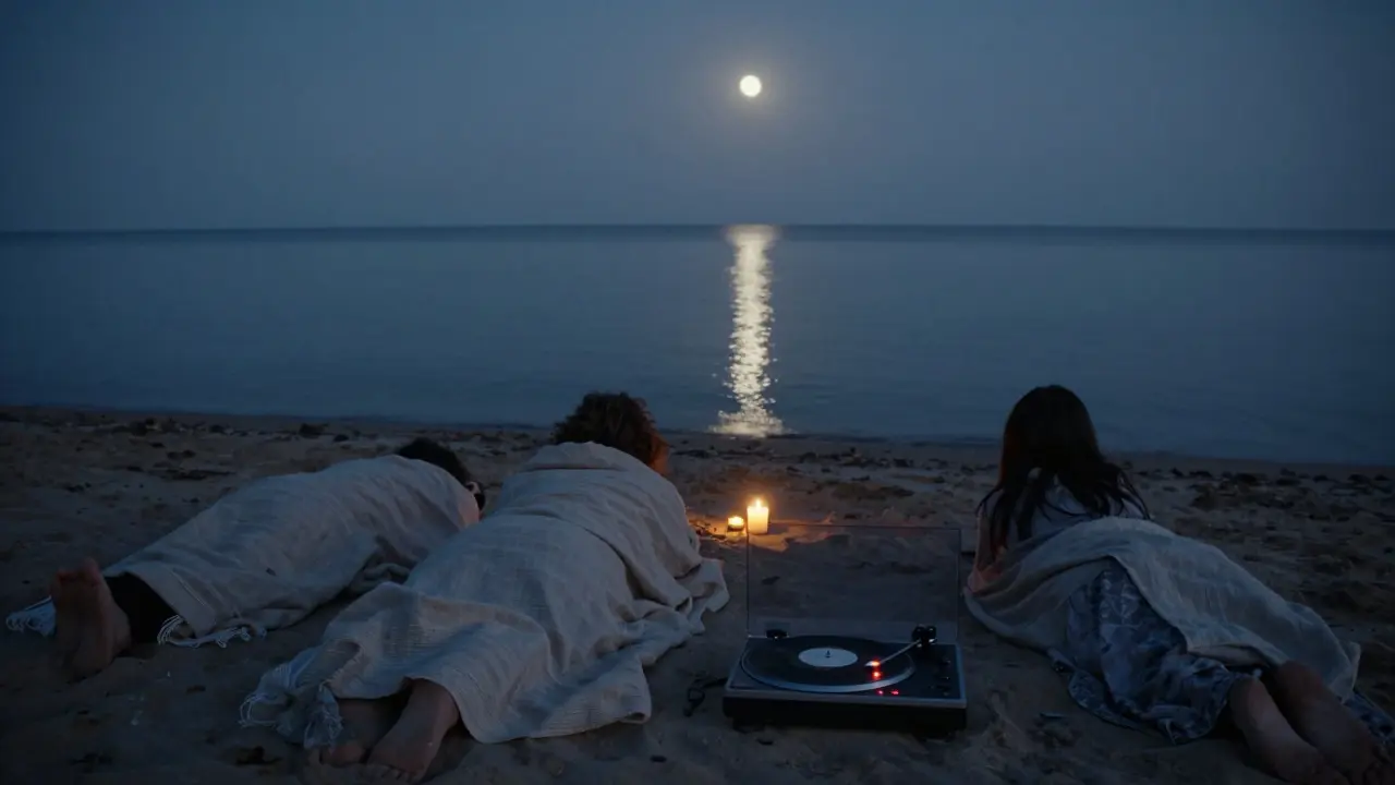 Dawn at the beach club: guests wrapped in blankets watch stars as jazz plays softly.