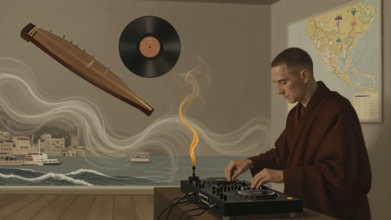 DJ blending techno with Tibetan chants, sonic waves and cultural instruments floating in a dreamy, painterly scene.