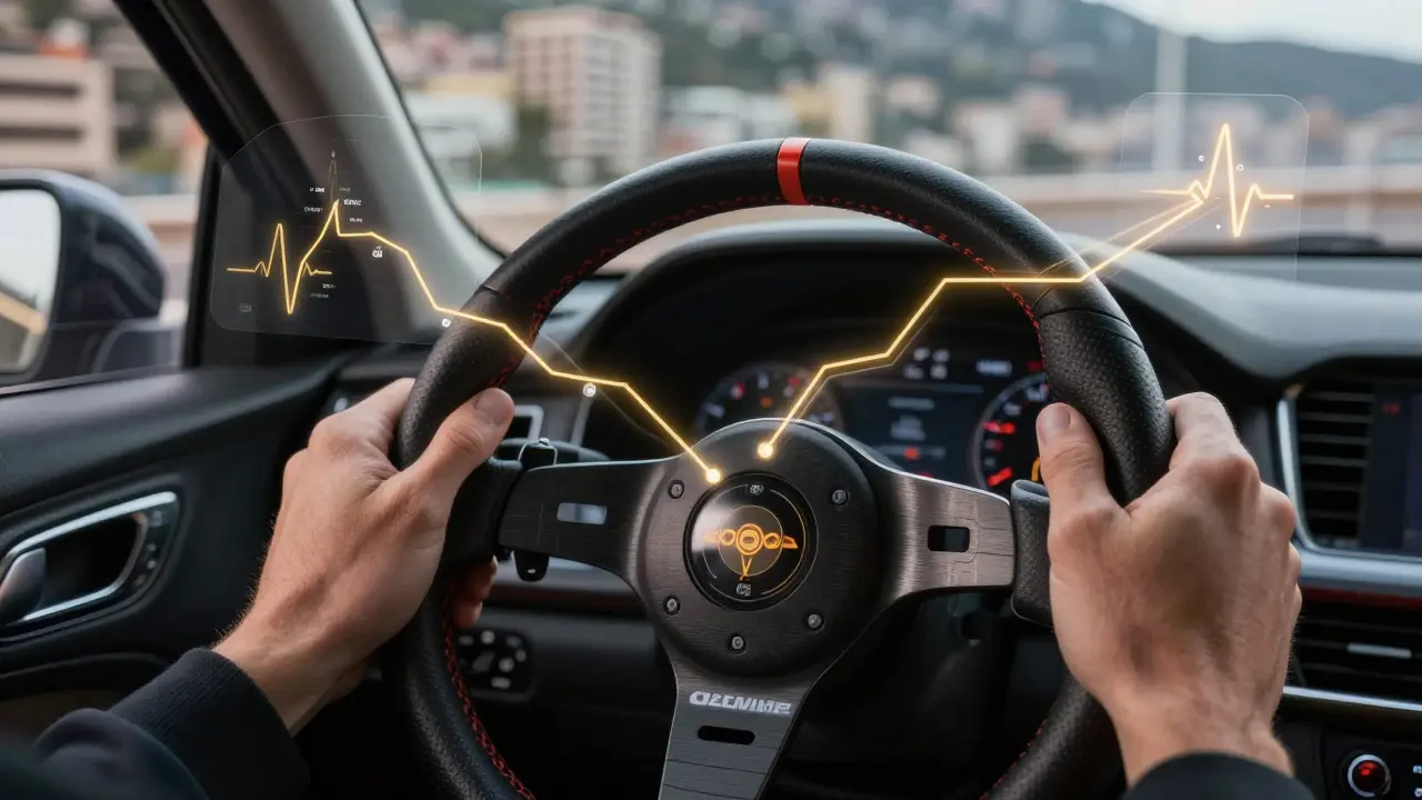 Driver's hands on steering wheel with glowing trajectory lines marking Monaco's 19 corners.