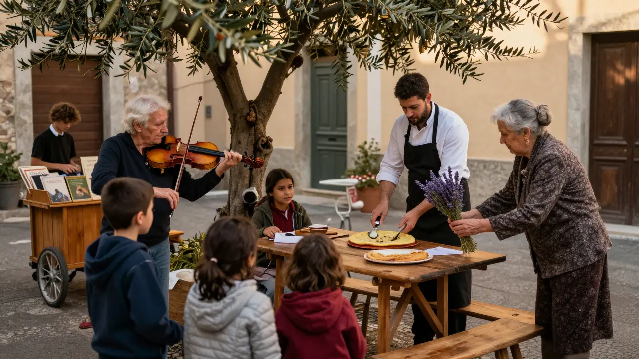 Elderly violinist teaching children, chef serving food, and woman giving lavender blooms at night.