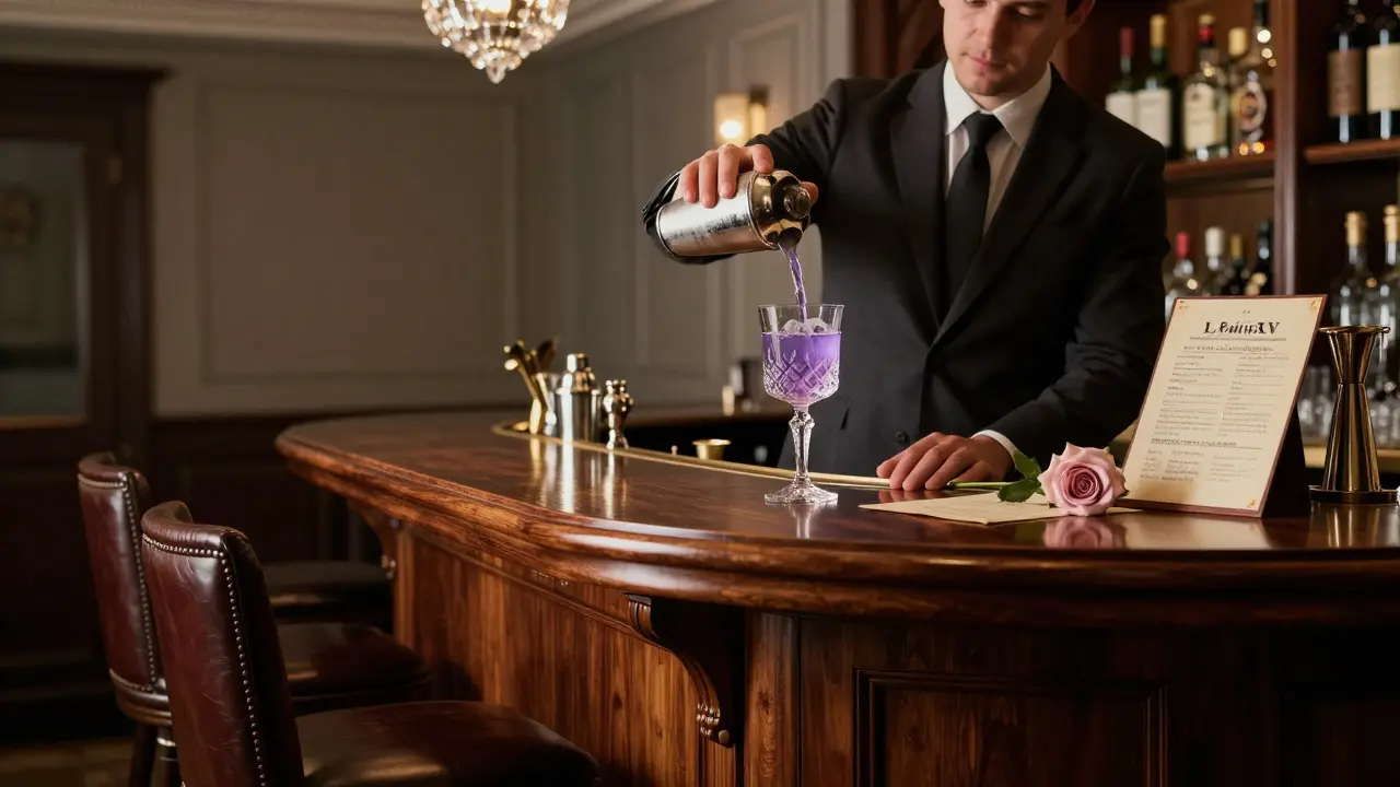 Elegant bar interior with a bartender pouring a signature cocktail under soft lighting, no phones or distractions.