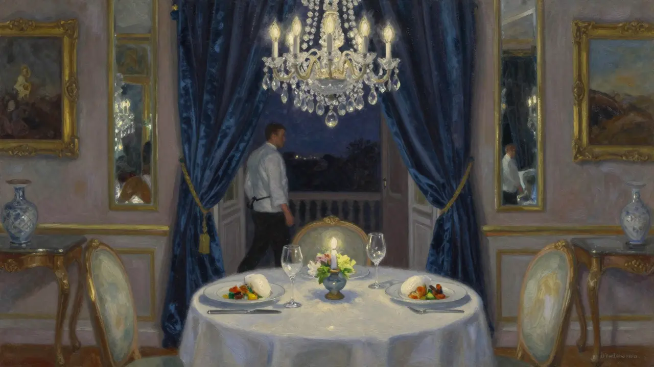 Elegant dining table in Le Louis XV restaurant with fine cuisine and soft candlelight under a crystal chandelier.