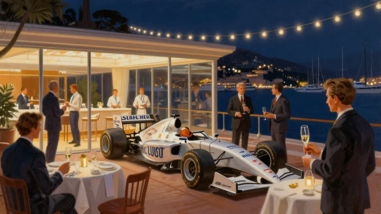 Elegant guests mingle at the Yacht Club de Monaco, a vintage F1 car on display under glass with yachts glowing in the background.