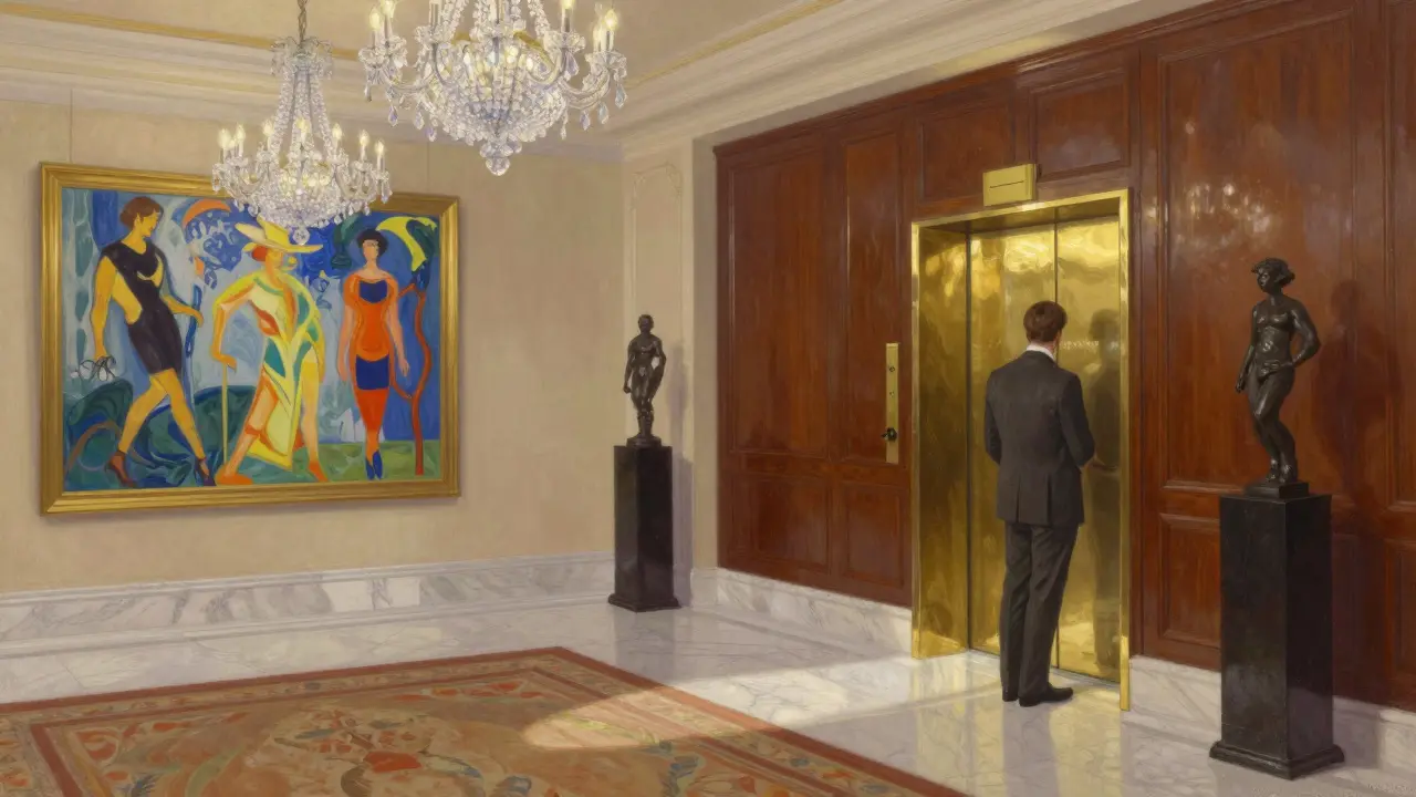 Elegant hotel lobby with marble floors, crystal chandeliers, and vintage artwork.